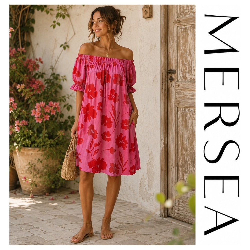 MERSEA Ibiza Pink Red Floral Short Sleeve Off/On Shoulder Shift Dress S